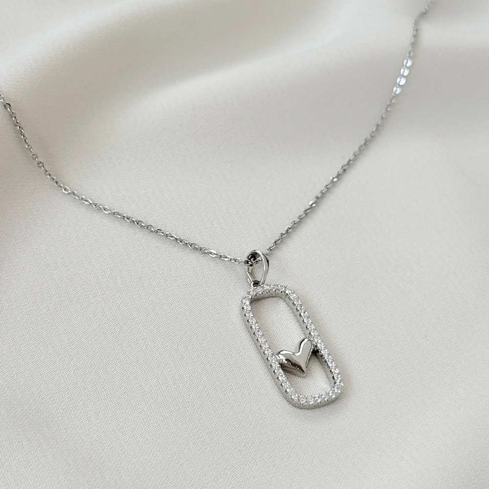 Dainty Platinum Plated Geometric Rectangle Frame Heart Pendant Necklace